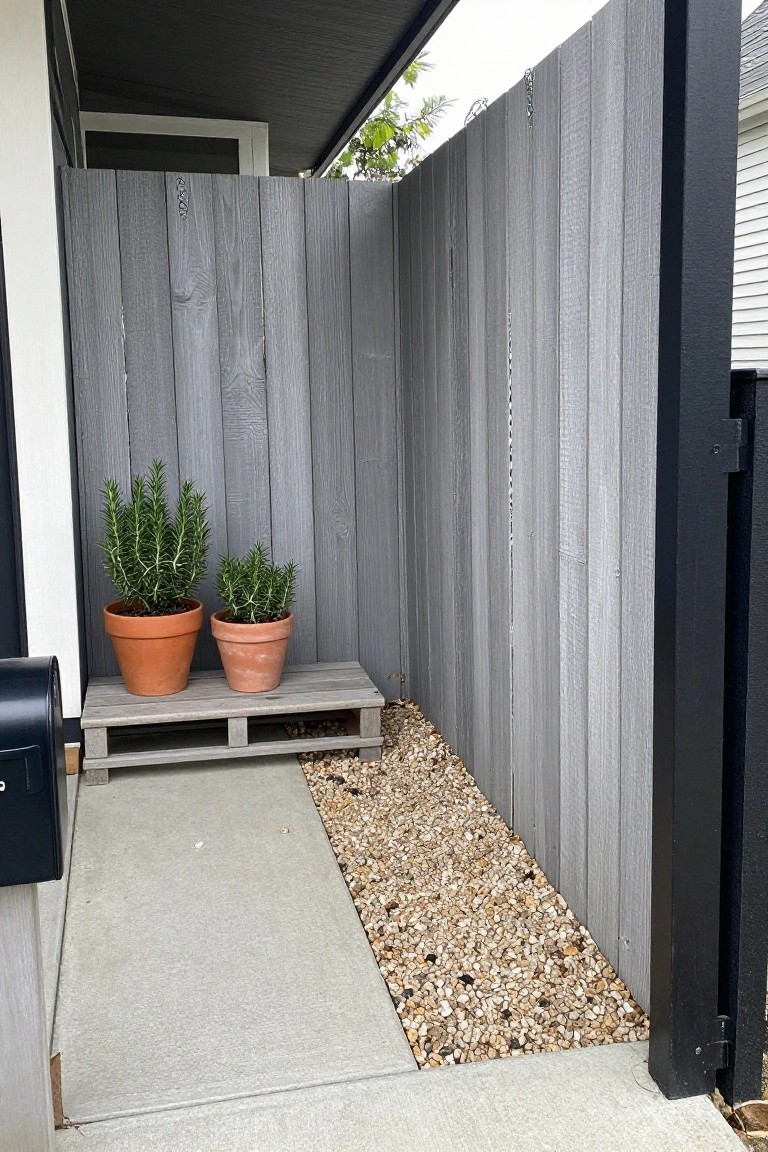 A narrow outdoor side area bounded by gray vertical wood fencing, with a gravel strip along the base and two potted plants on a low wooden pallet bench.