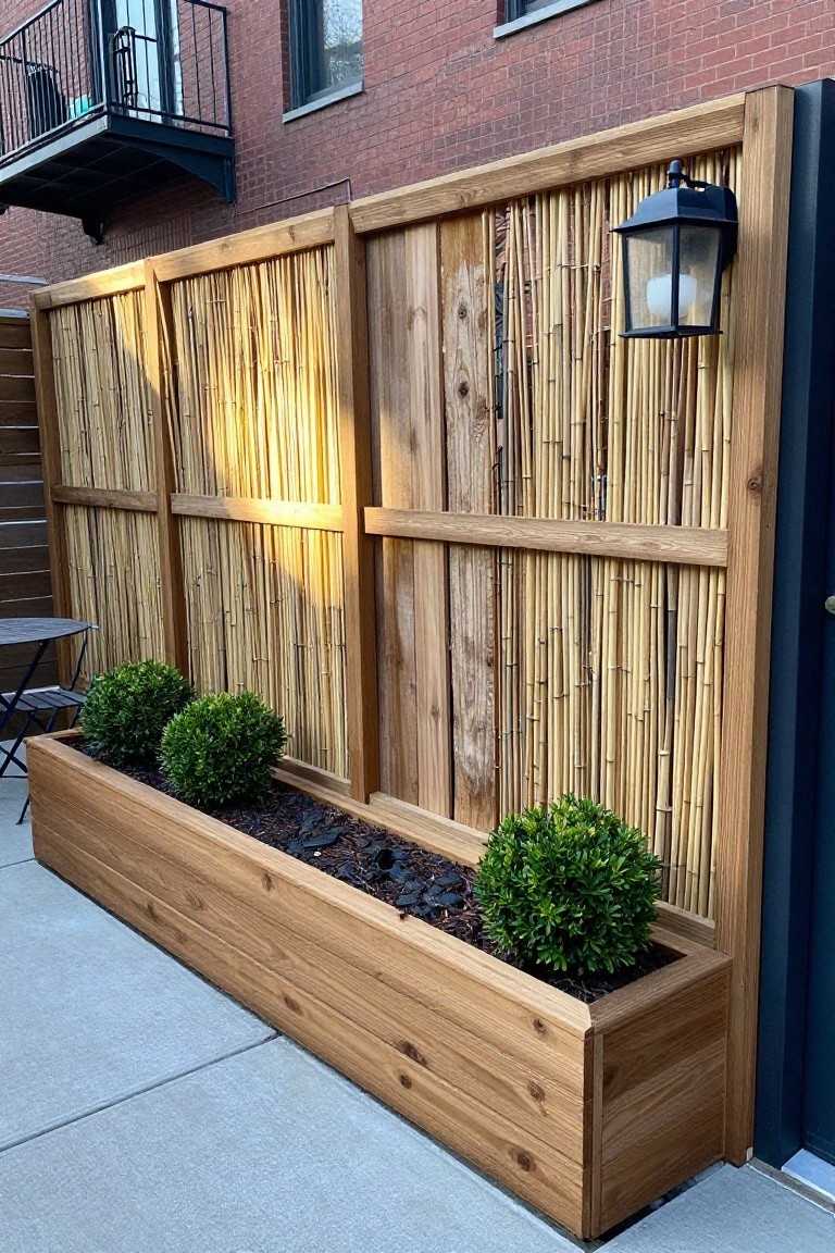 A wooden fence structure with vertical bamboo reed panels and a long attached planter box holding several green shrubs, set against a brick building wall.
