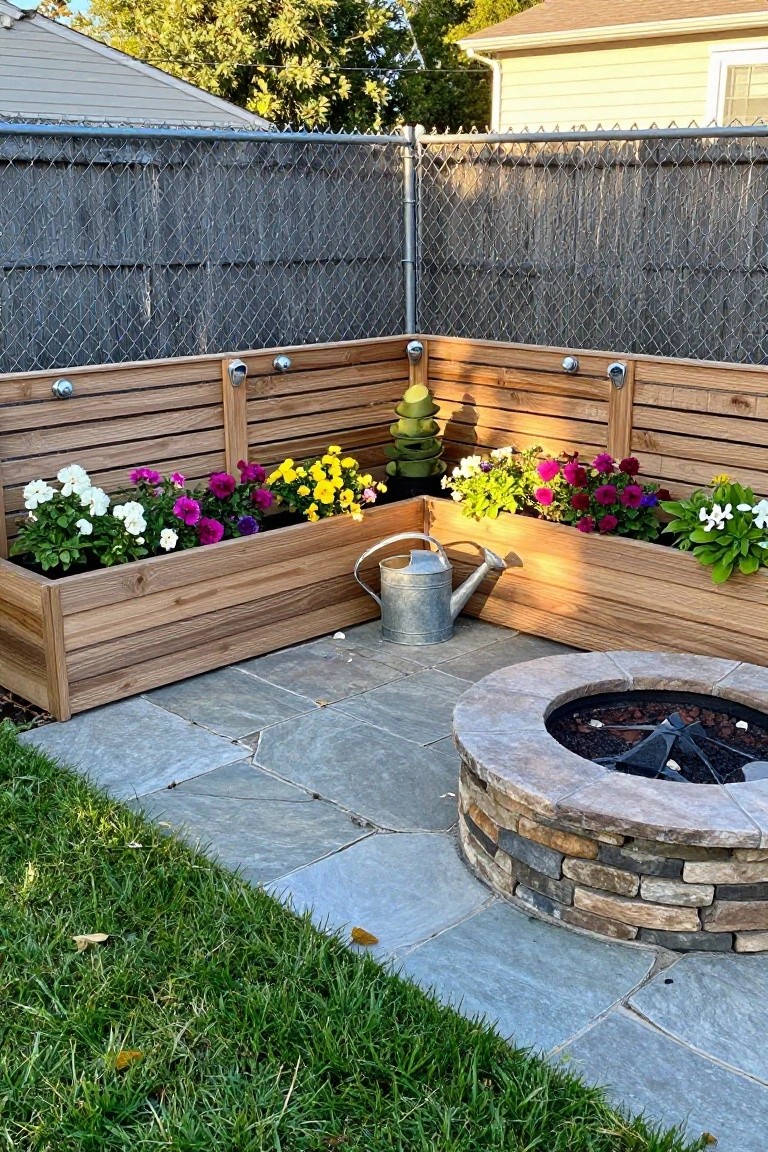 Backyard view of a chain link fence with horizontal wood planters filled with flowers, next to a stone fire pit on a patio.