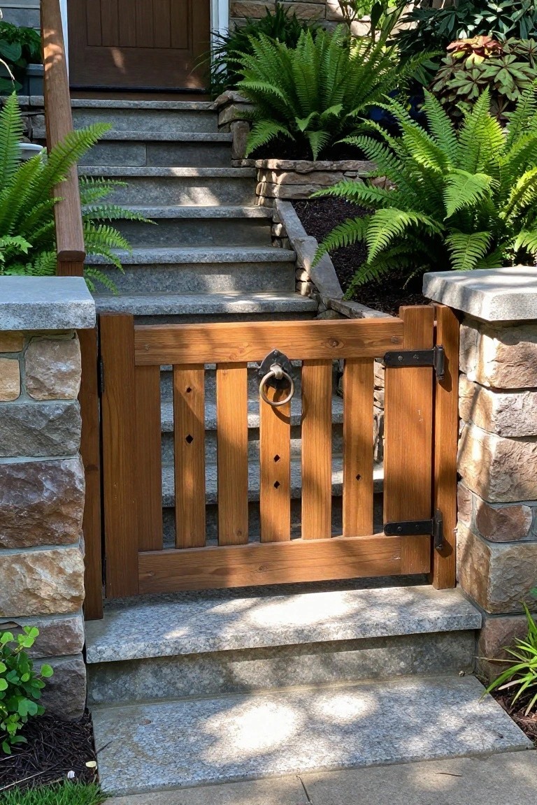 Wooden gate with ring handle on stone steps amid green ferns