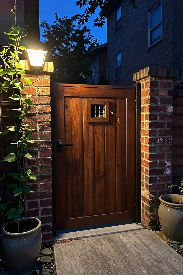 A wooden gate with vertical planks and a small square window with grid panes stands between brick pillars beside a concrete walkway.