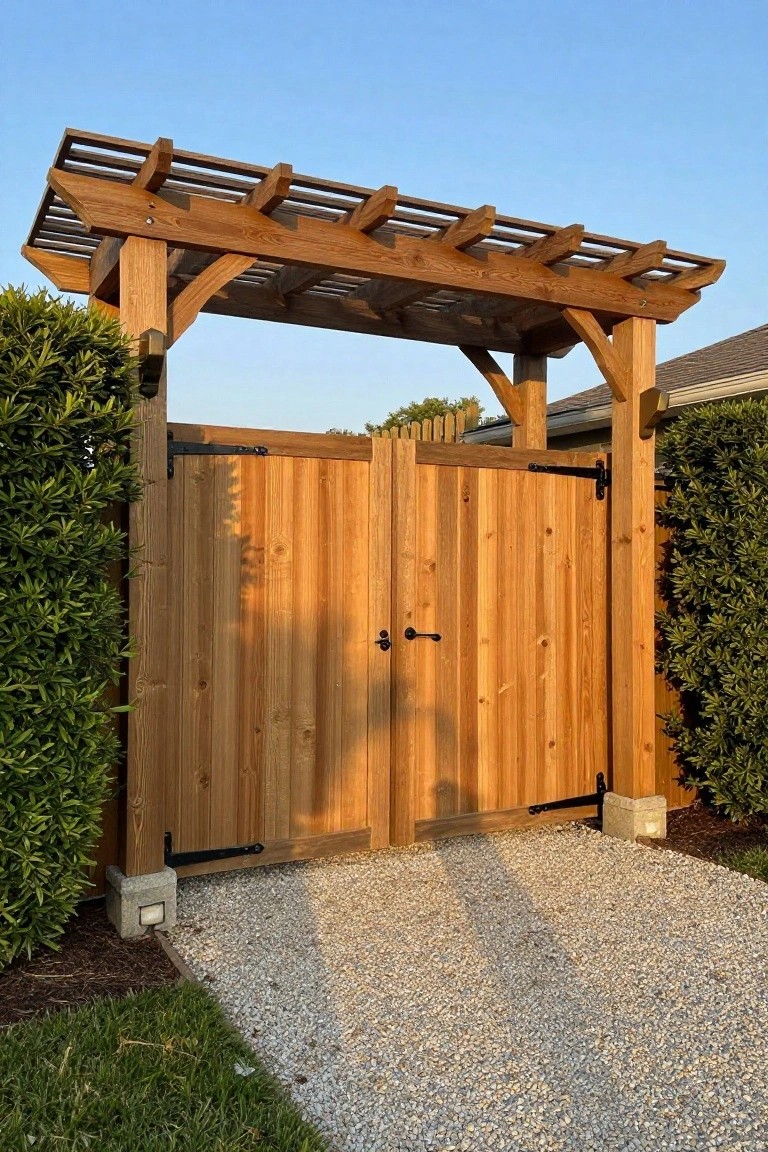 Wooden double gate under slatted pergola between green hedges on gravel path