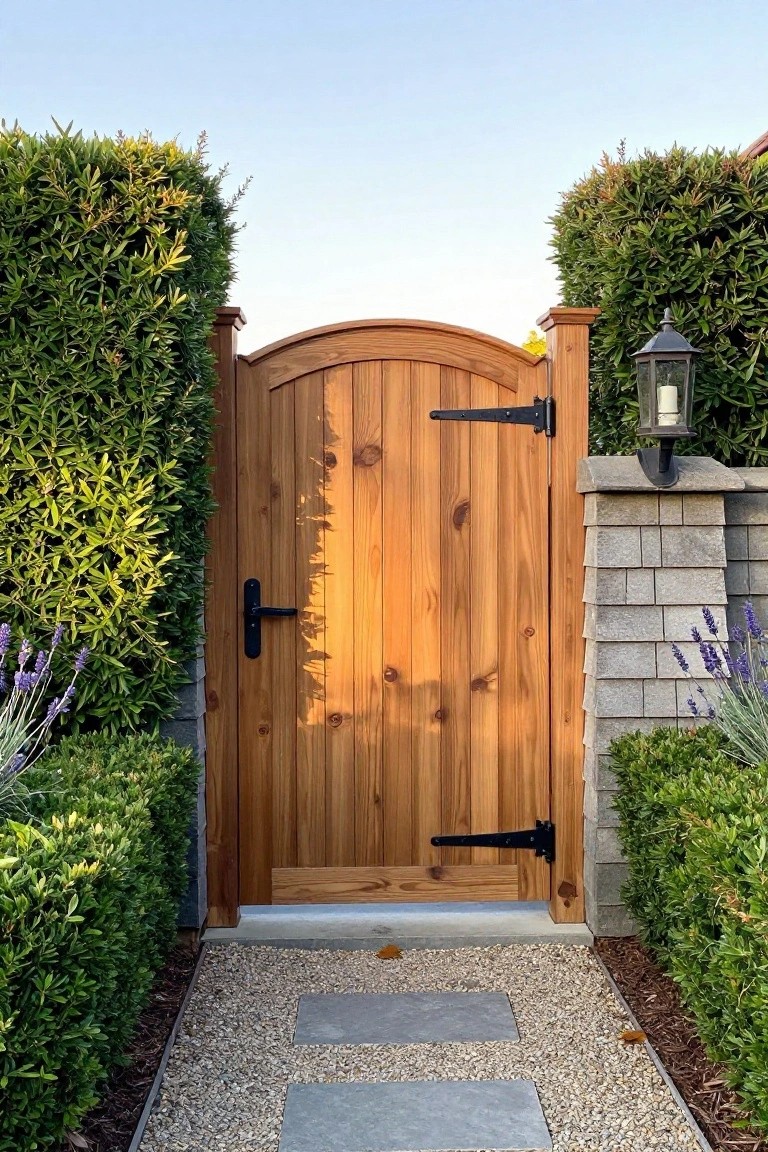 A wooden gate with vertical boards and an arched top stands between tall green hedges, with black metal hinges, a gravel path of stepping stones in front, and a lantern on a stone pillar to the right.