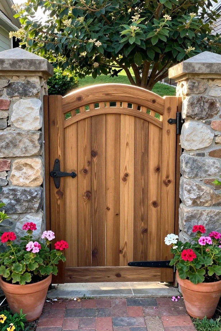 A wooden gate with an arched top and small rectangular cutouts is installed between stone pillars, with potted flowers on both sides and a brick path in the foreground.