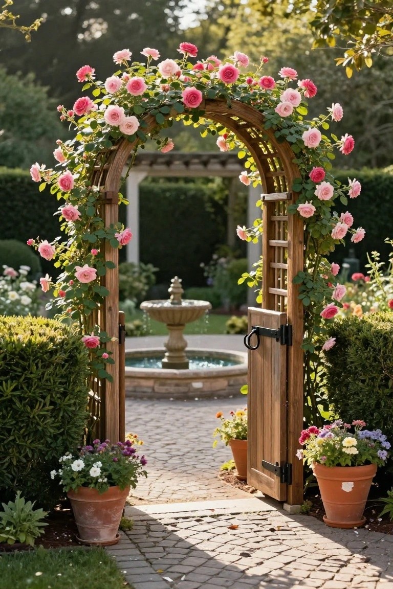 Wooden rose-covered arch with open gate, potted flowers, and stone fountain beyond