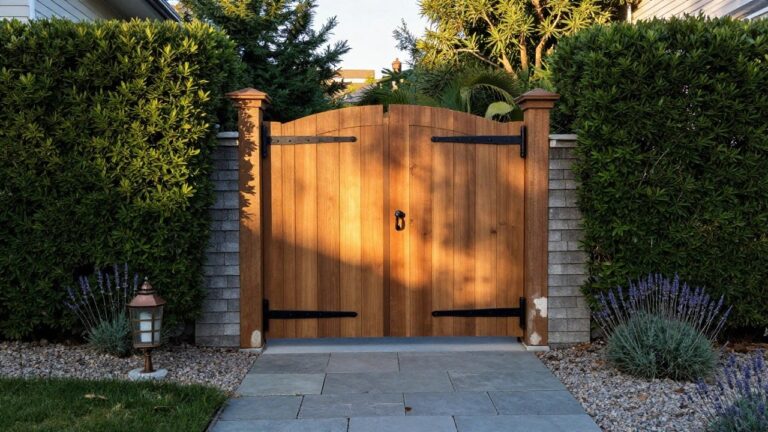 16 Timeless Wood Fence Gate Designs Using Classic Craftsman Details A wooden gate with vertical boards and an arched top stands between tall green hedges, with black metal hinges, a gravel path of stepping stones in front, and a lantern on a stone pillar to the right.