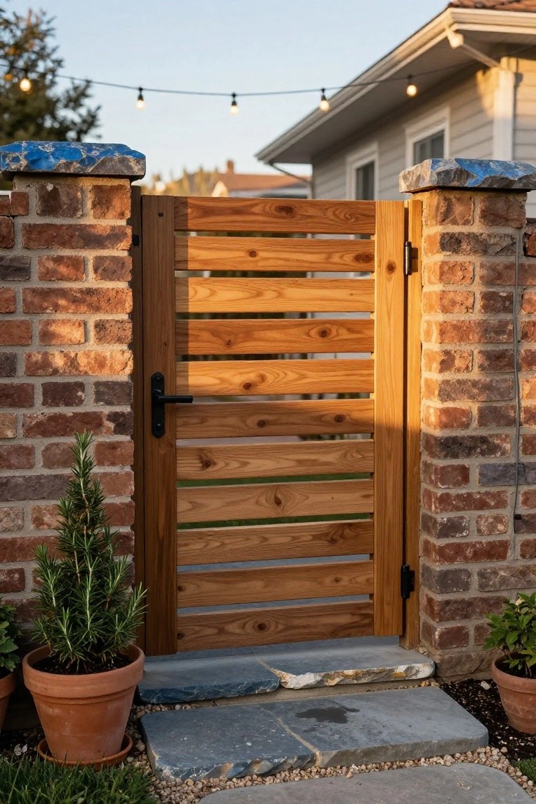 A wooden gate with horizontal slats is set between brick pillars with stone caps, with stone steps leading forward.