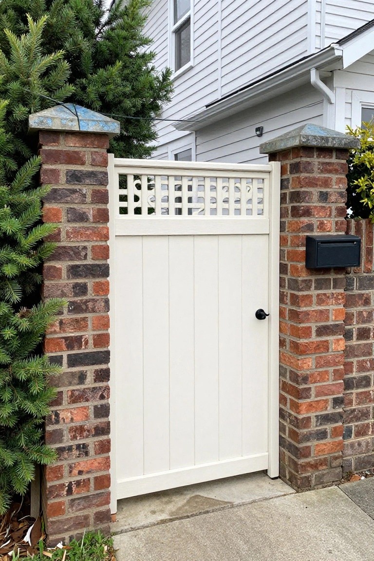 A white vertical board gate with a lattice top section stands between two brick pillars beside a house.