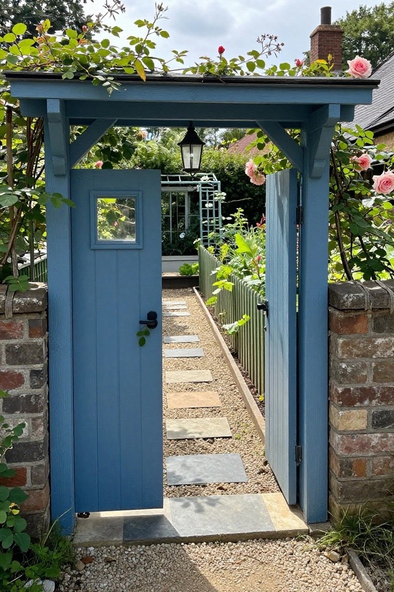 Open blue wooden garden gate with pink roses overhead and stone path beyond