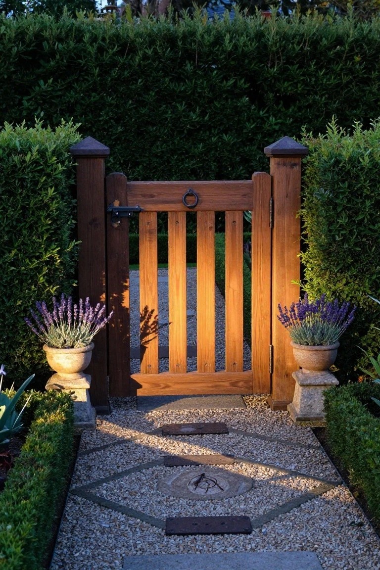 A wooden gate with vertical slats stands open between stone-capped posts, flanked by potted lavender on a gravel path with geometric stone inlays.