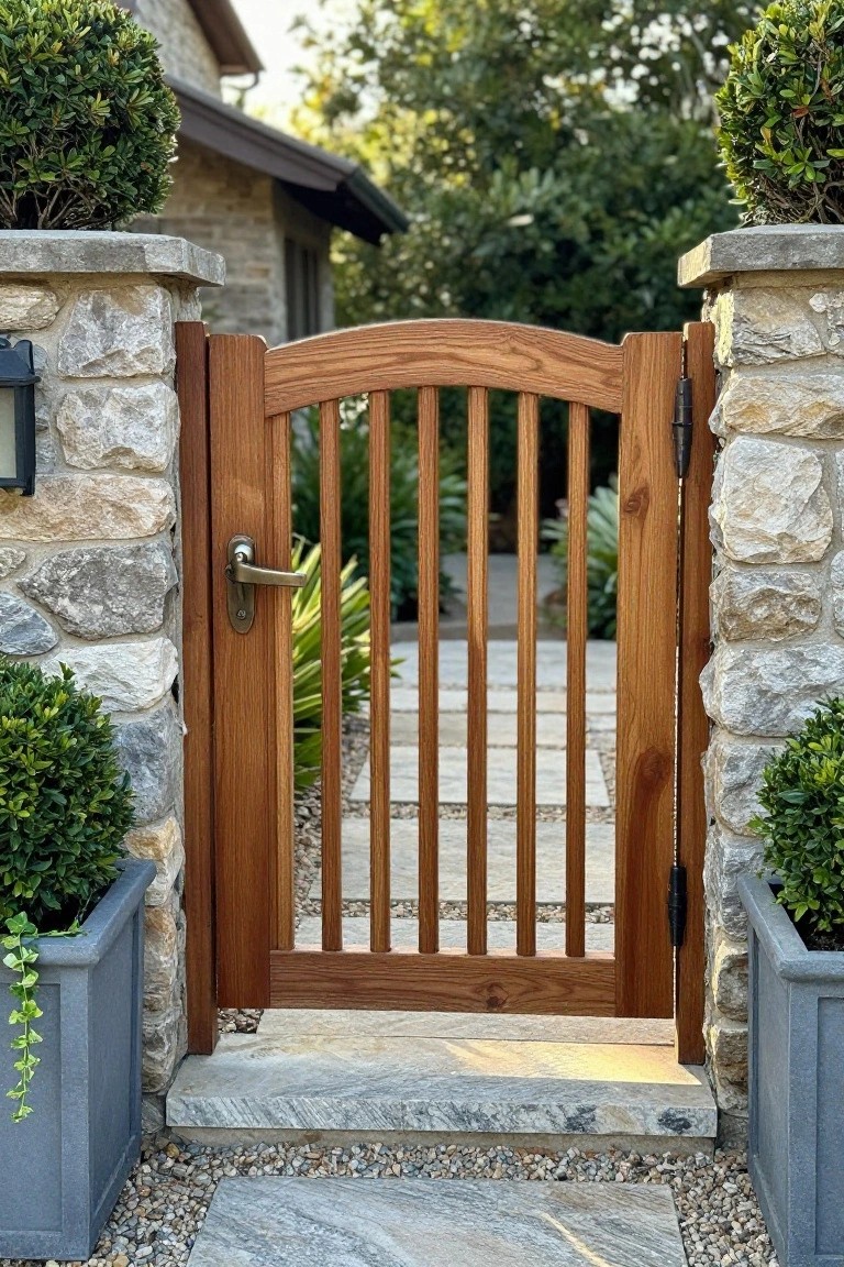 A wooden gate with vertical slats and an arched top stands open between stone pillars beside a paved path.