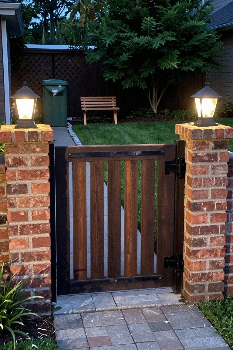 A wooden gate with vertical slats and black metal hardware stands open between two brick pillars topped with lit lanterns, leading to a paved path and lawn.