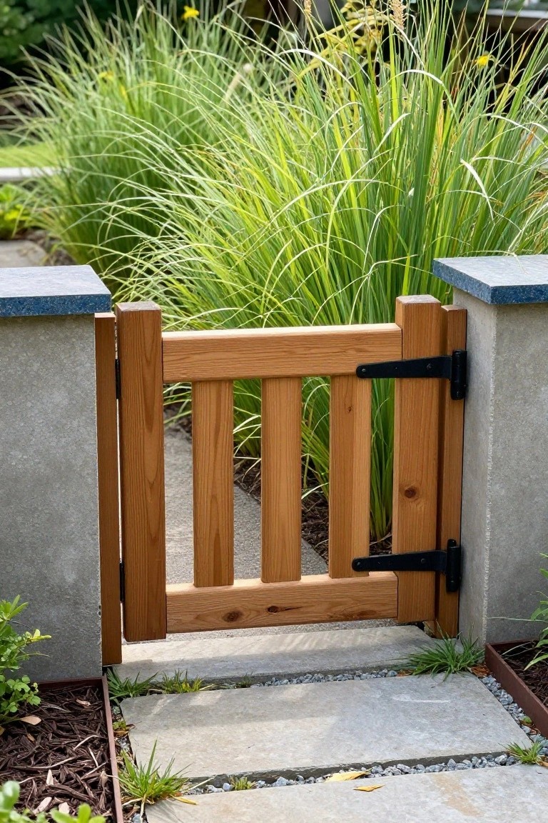 A wooden gate with vertical slats stands open between concrete pillars along a stone path bordered by tall green grasses.