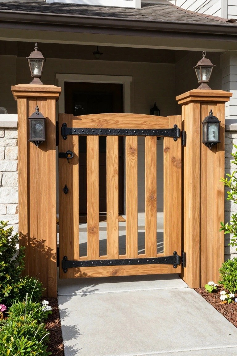 A wooden gate with black metal straps and hinges is mounted between two tall posts topped with lanterns in front of a house.