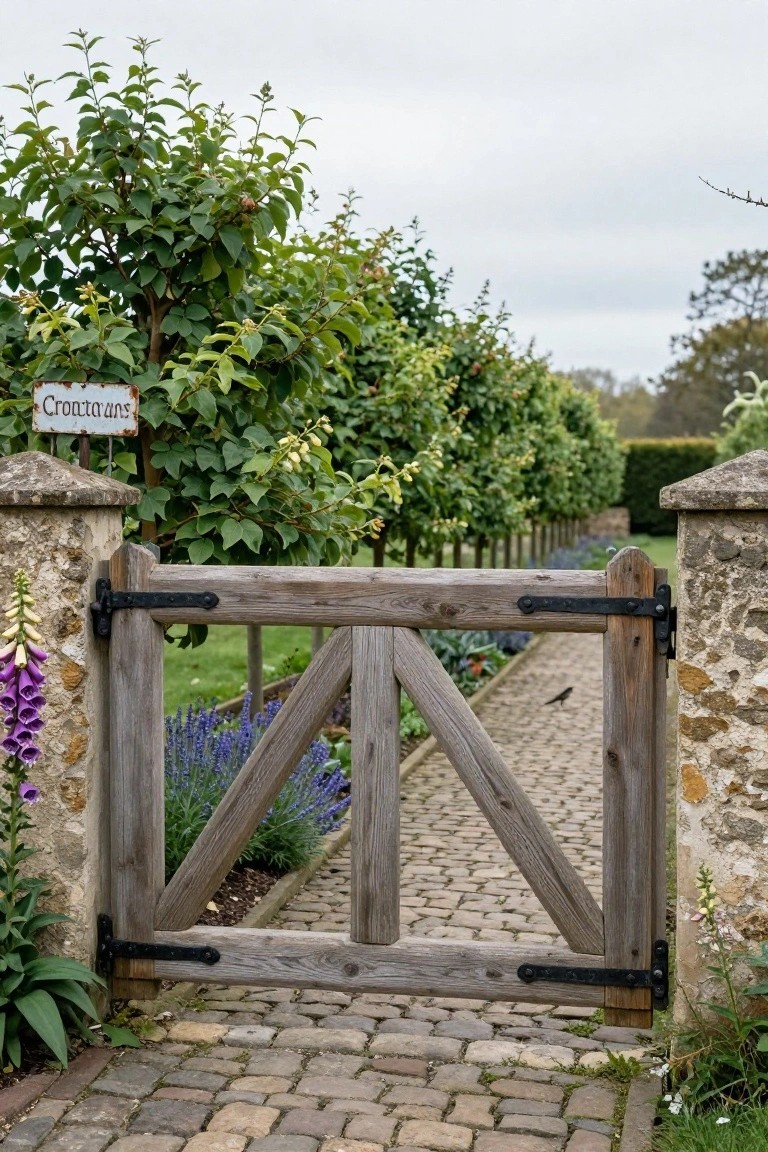 A weathered wooden gate with X bracing stands open between stone pillars at the entrance to a cobblestone garden path.