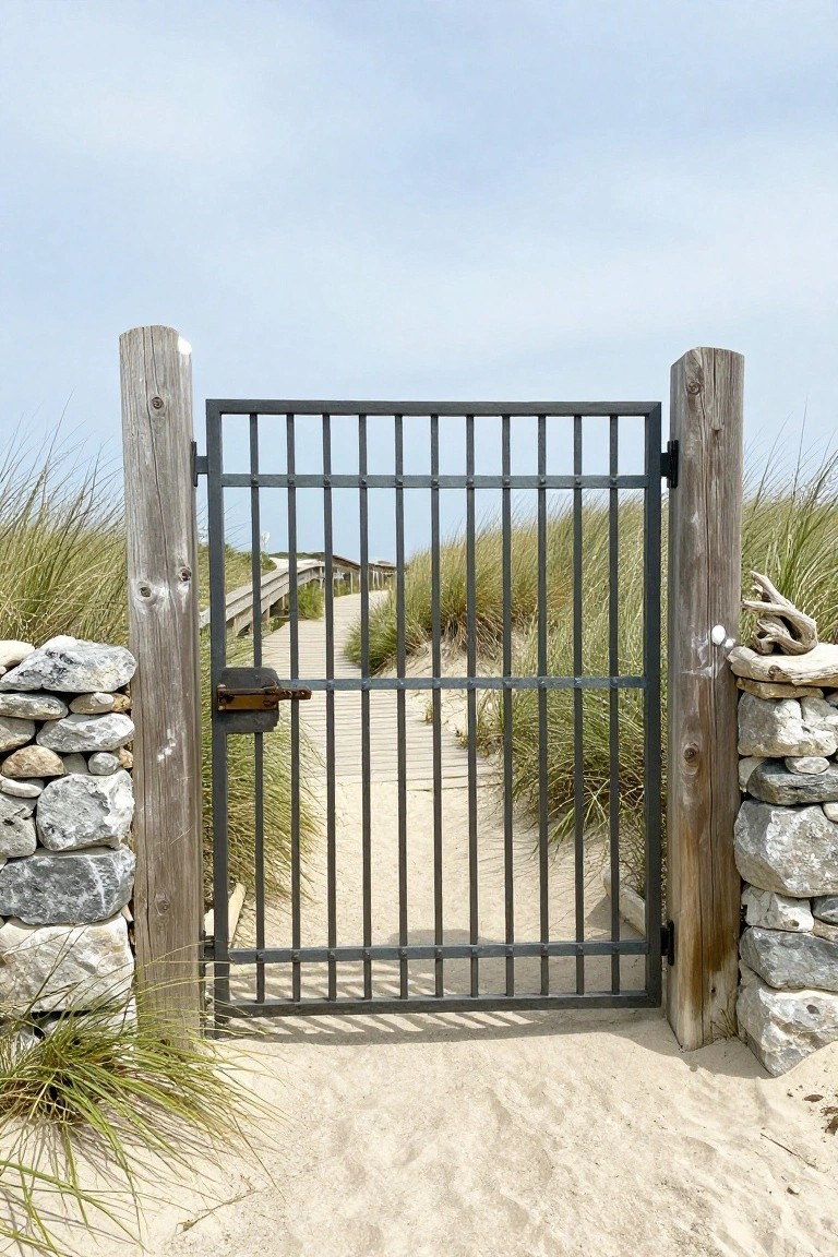 A black metal gate with vertical bars hangs between two weathered wooden posts, flanked by low stone walls on a sandy path through beach grass.