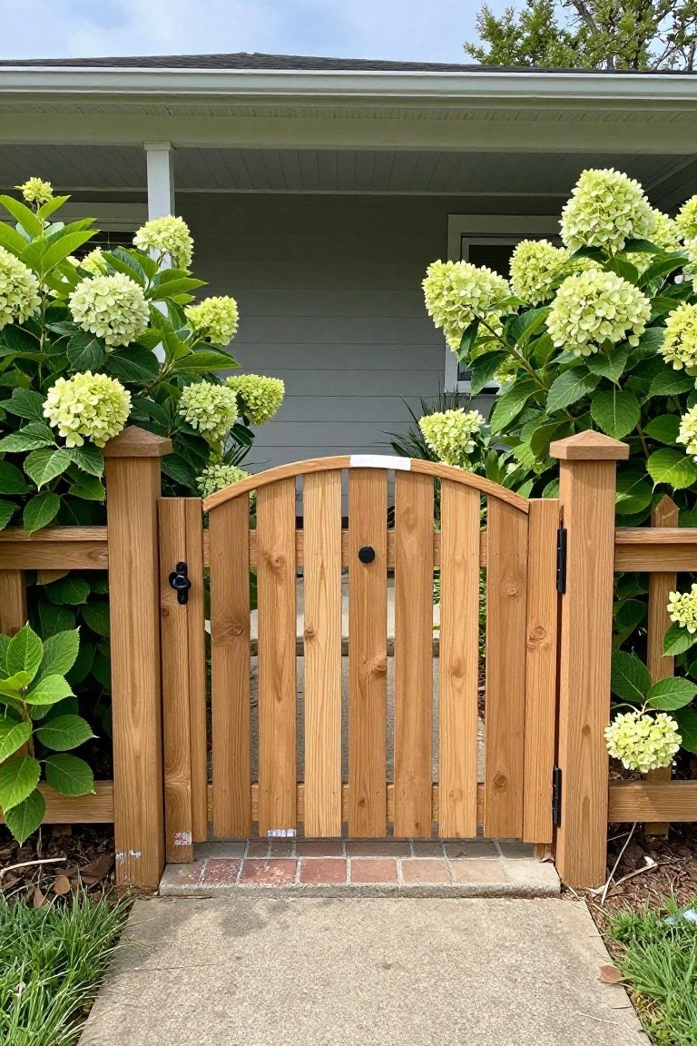 Wooden arched gate with vertical slats between posts, flanked by green hydrangea bushes and a concrete walkway leading toward a house.