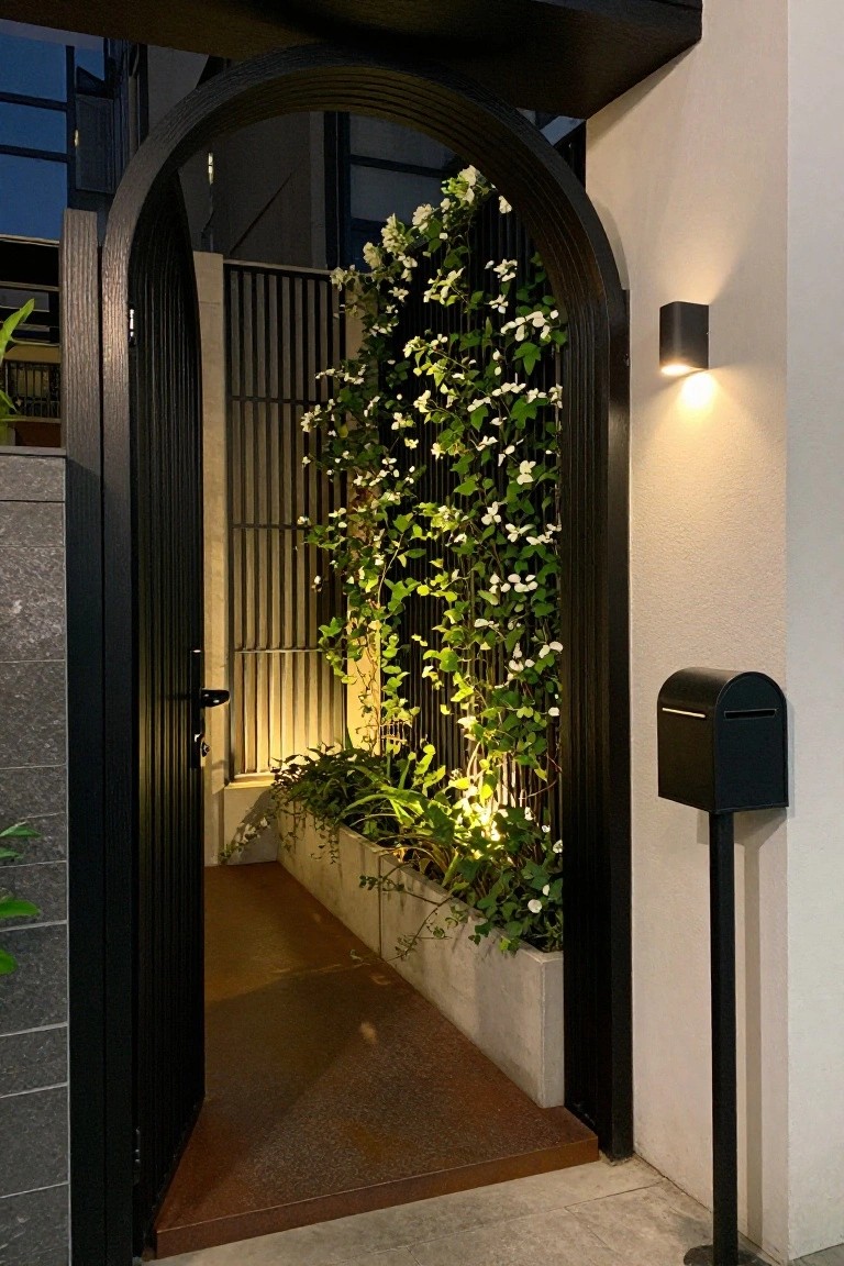 A dark arched wooden gate stands open to a narrow paved path bordered by a concrete planter holding a tall trellis covered in green vines and white flowers, with a black mailbox mounted on a pole to the right.