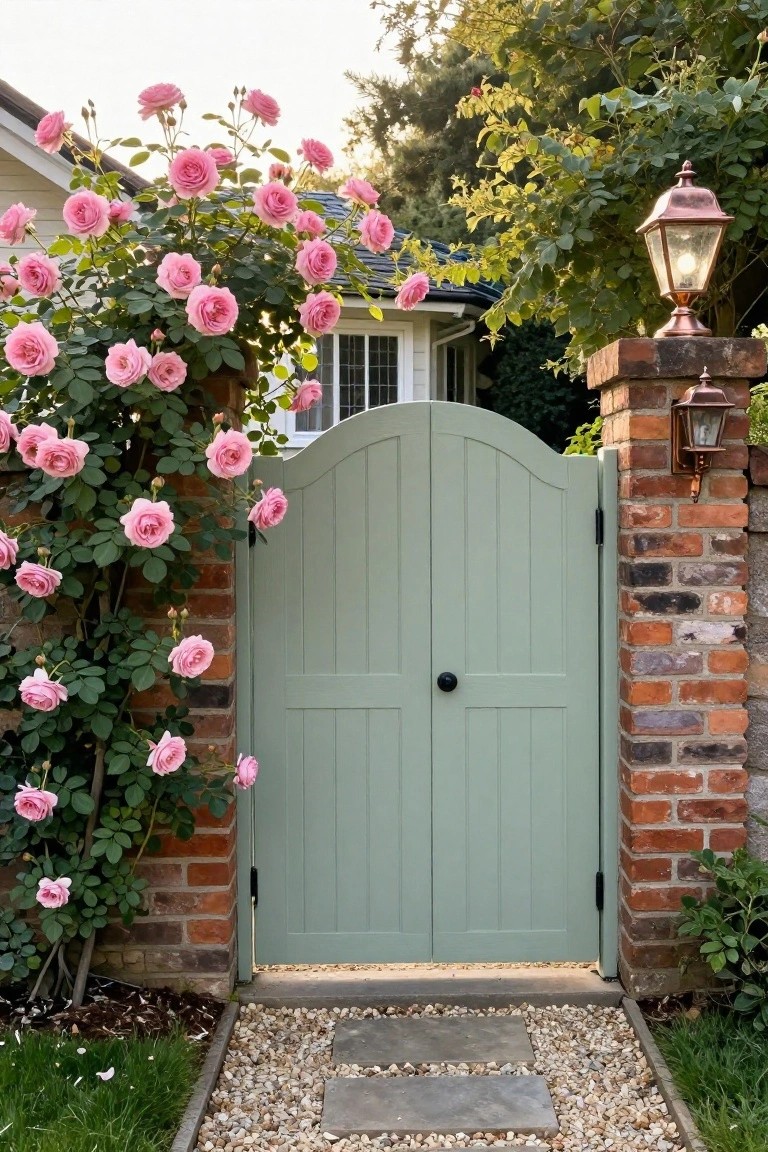 Arched sage green gate with climbing pink roses on brick pillars and lanterns