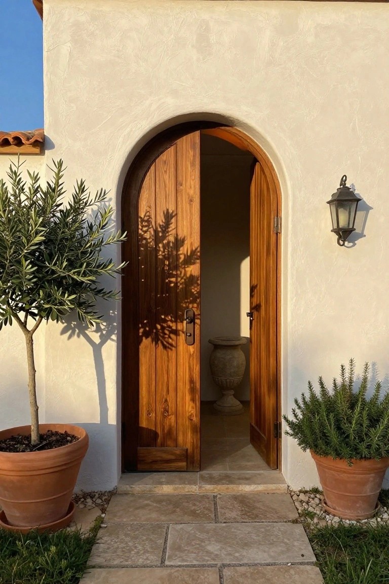A pair of wooden doors with an arched top set into a white stucco wall, flanked by terracotta pots on a stone walkway.