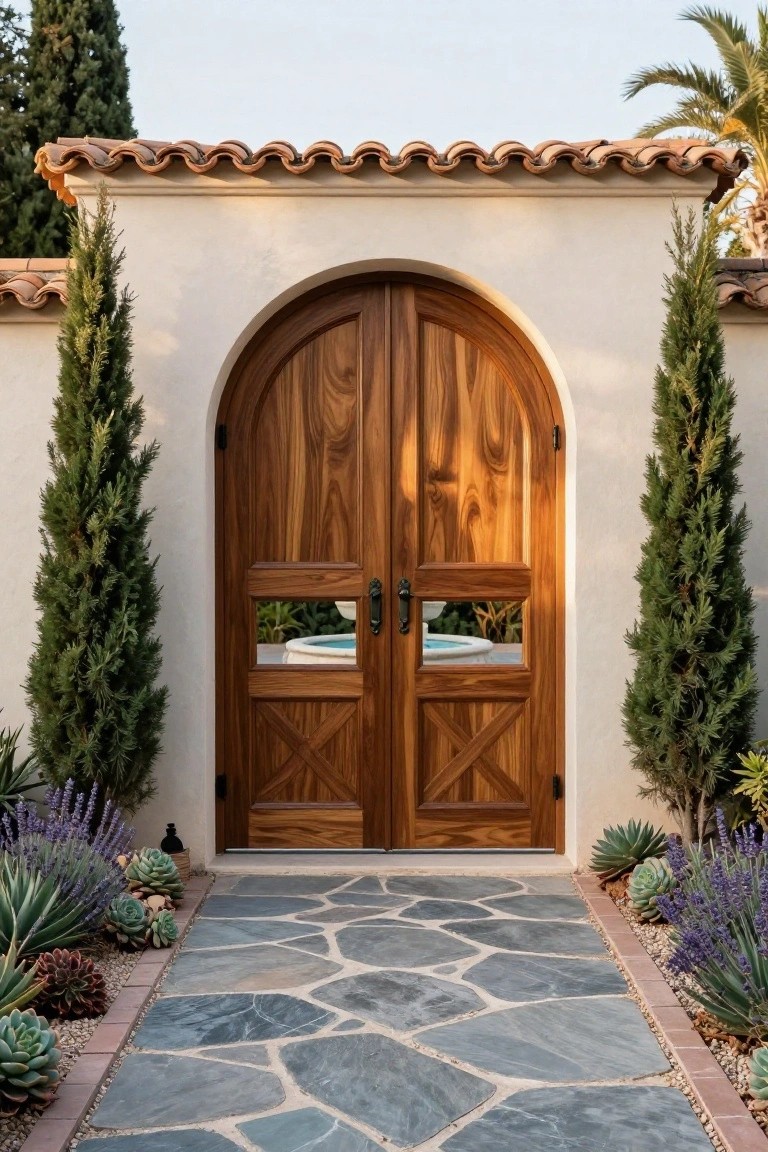 A pair of tall arched wooden double gates with small windows set in a stucco wall, framed by tall cypress trees and a stone pathway leading to the entrance.