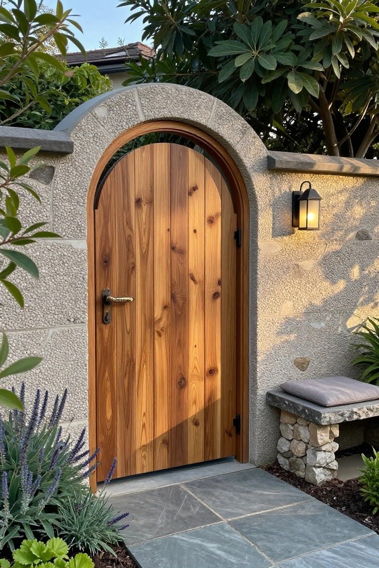 Arched wooden door in textured stone wall with lantern, bench, and garden plants.