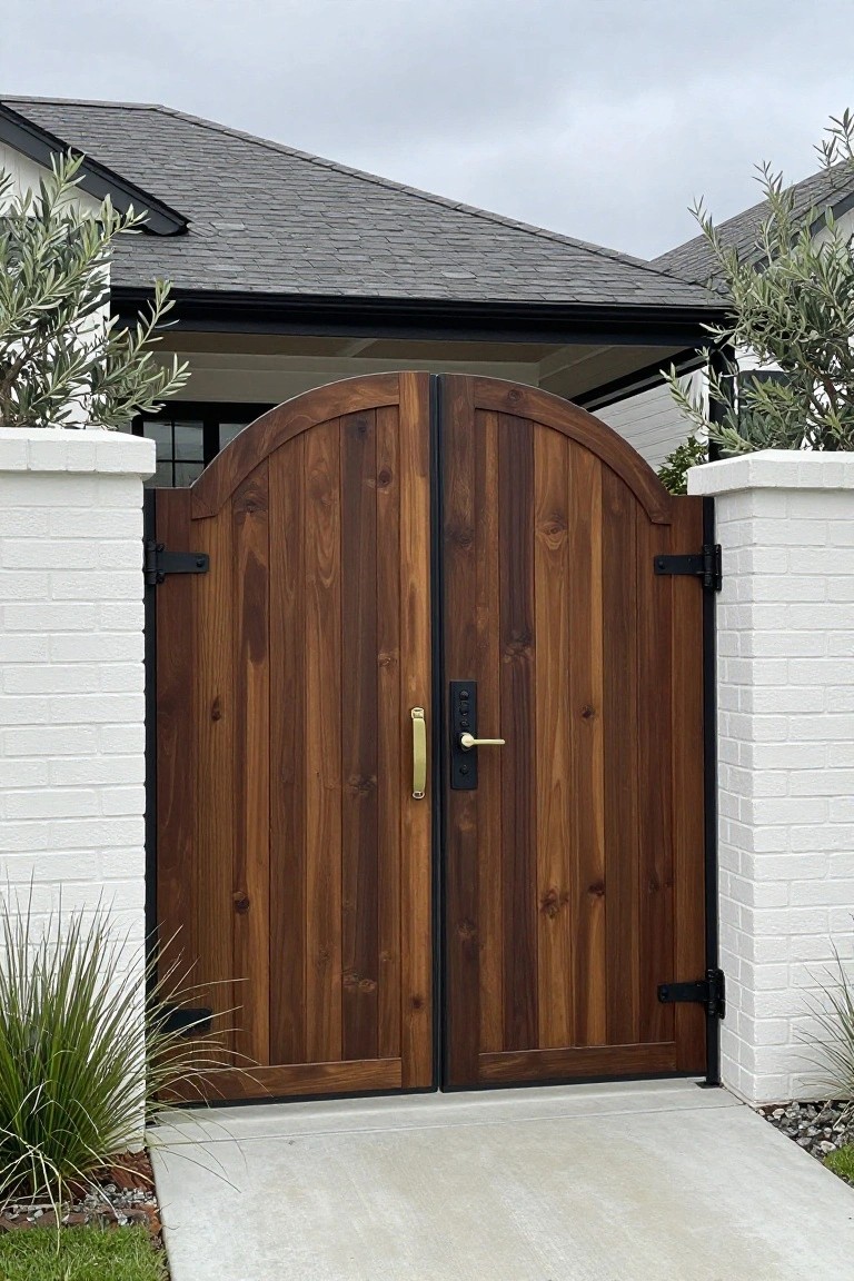 Double arched wooden gates with black hinges and gold handle between white brick pillars at a house entrance.