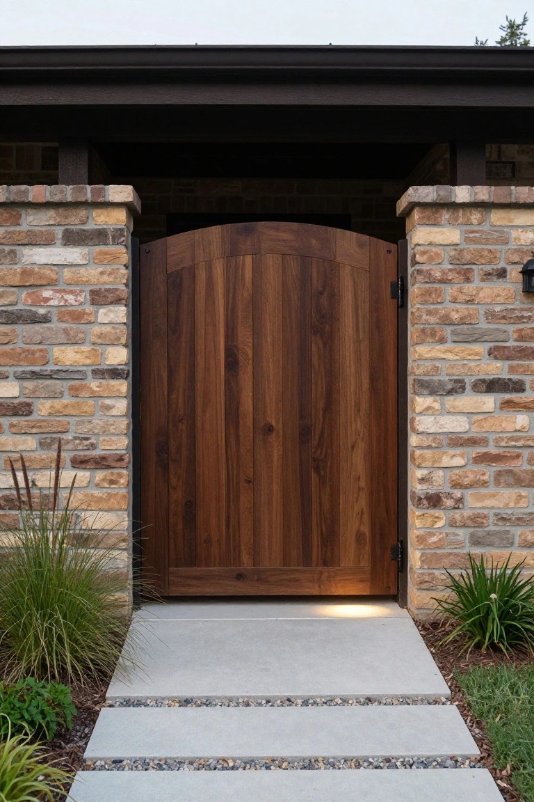A dark wooden arched gate between two stone pillars, with a concrete path leading to the entrance.