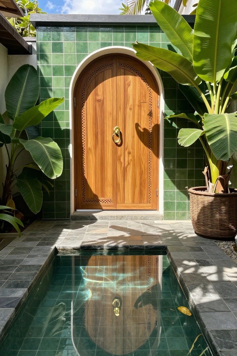 A double wooden arched gate with a brass handle set into a green tiled wall, reflected in a rectangular pool on a stone patio.