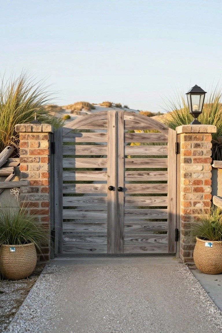 Arched wooden gate between brick pillars on path to sand dunes