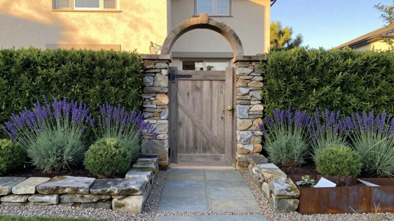 15 Arched Wooden Gate Designs That Create a Grand Entrance A wooden gate with vertical slats is centered under a light stone arch between two tall green hedges, with lavender plants in rusted metal planters along a stone path.