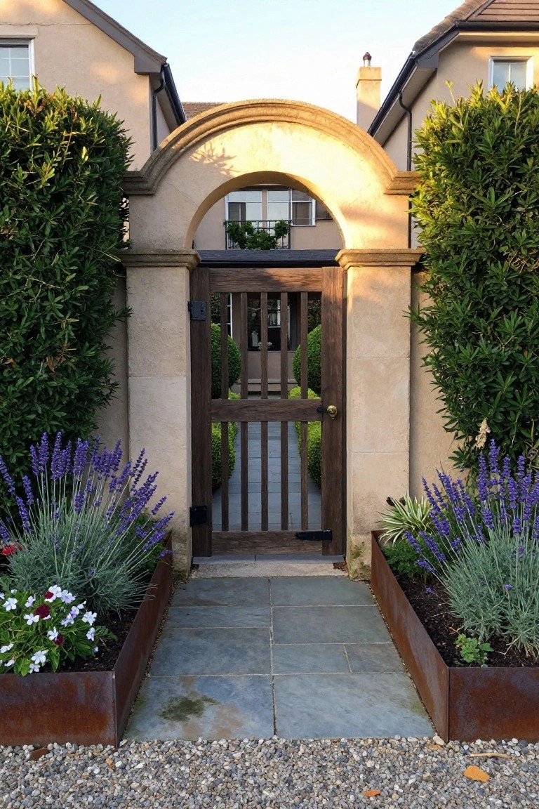 A wooden gate with vertical slats is centered under a light stone arch between two tall green hedges, with lavender plants in rusted metal planters along a stone path.
