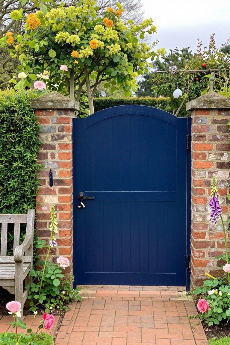 A navy blue arched wooden gate between two brick pillars, with pink roses and green plants on either side and a brick path in front.