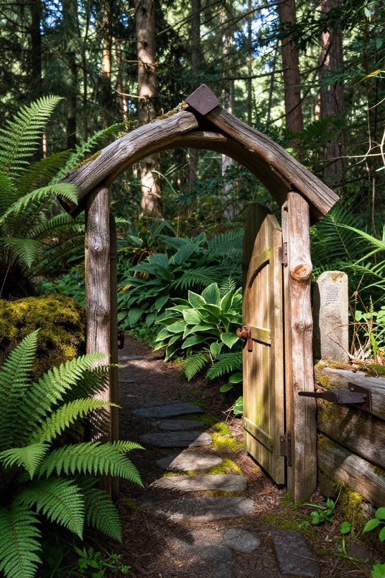 Rustic wooden arched gate stands open on mossy stone path amid forest ferns