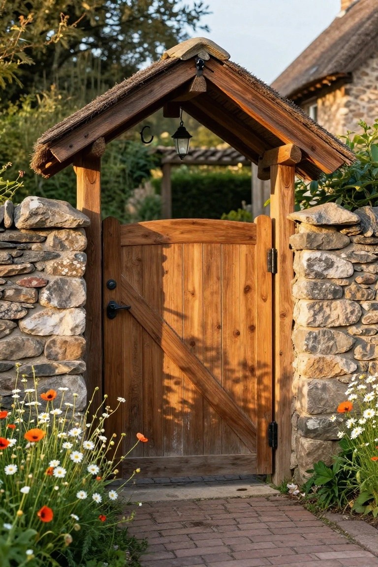 A wooden gate with diagonal bracing stands open between two low stone walls, with flowers along a brick path and a small roofed structure above.