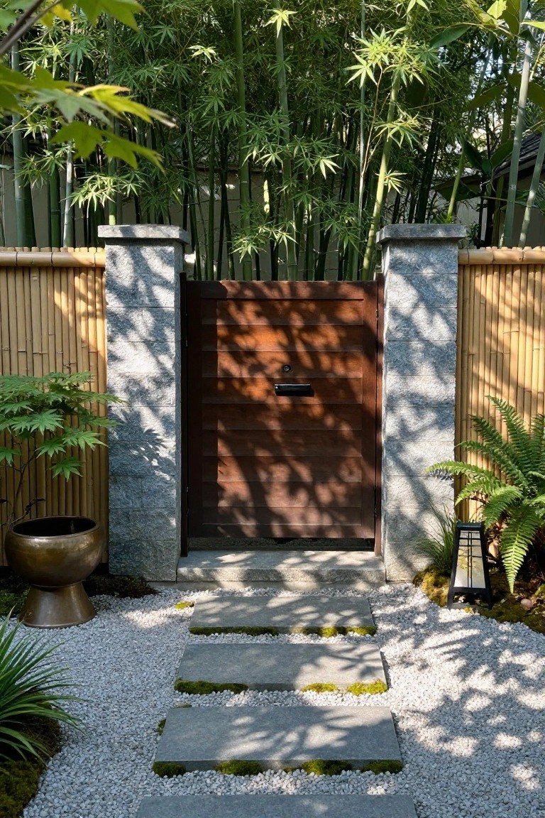 A wooden gate set between two stone pillars with a path of stone stepping stones on white gravel leading up to it, flanked by bamboo fencing and plants.