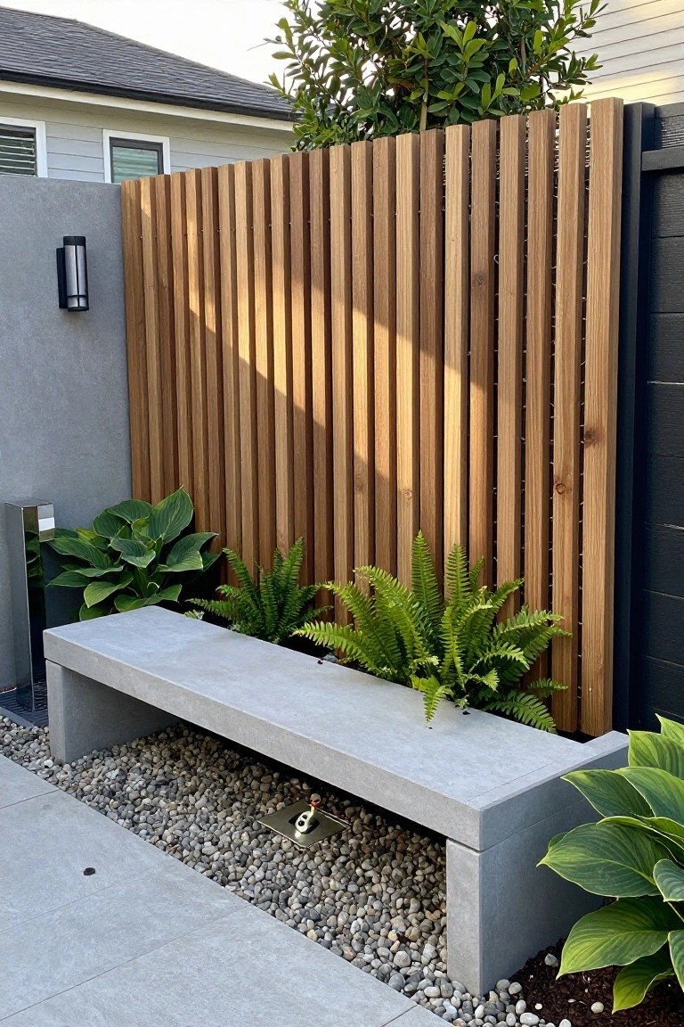 A vertical wood fence with a long concrete bench along its base, set in gravel with ferns and leafy plants nearby.