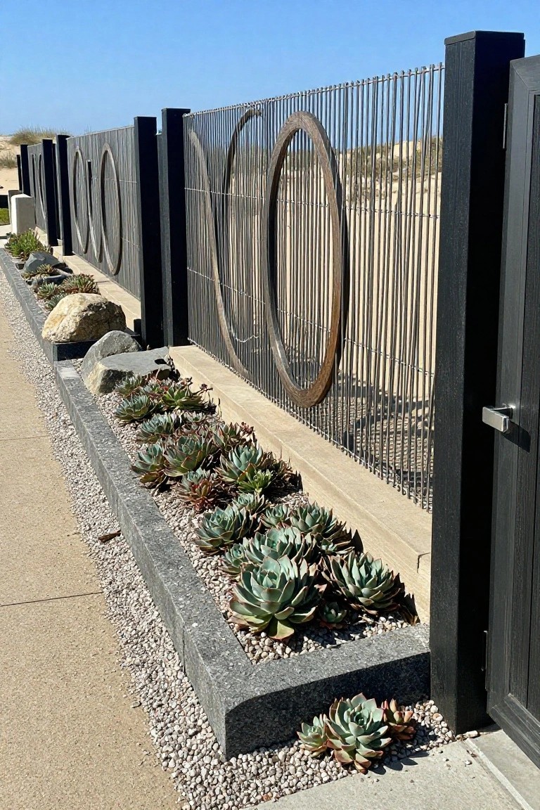 A black wood and wire fence with circular wood accents borders a long bed of succulents and rocks set in gravel.