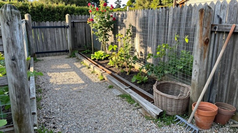 20 Creative Wood and Wire Fence Ideas for Gardens, Pets, and Property Lines Open wooden gate over gravel path beside pink rose bush and garden rake