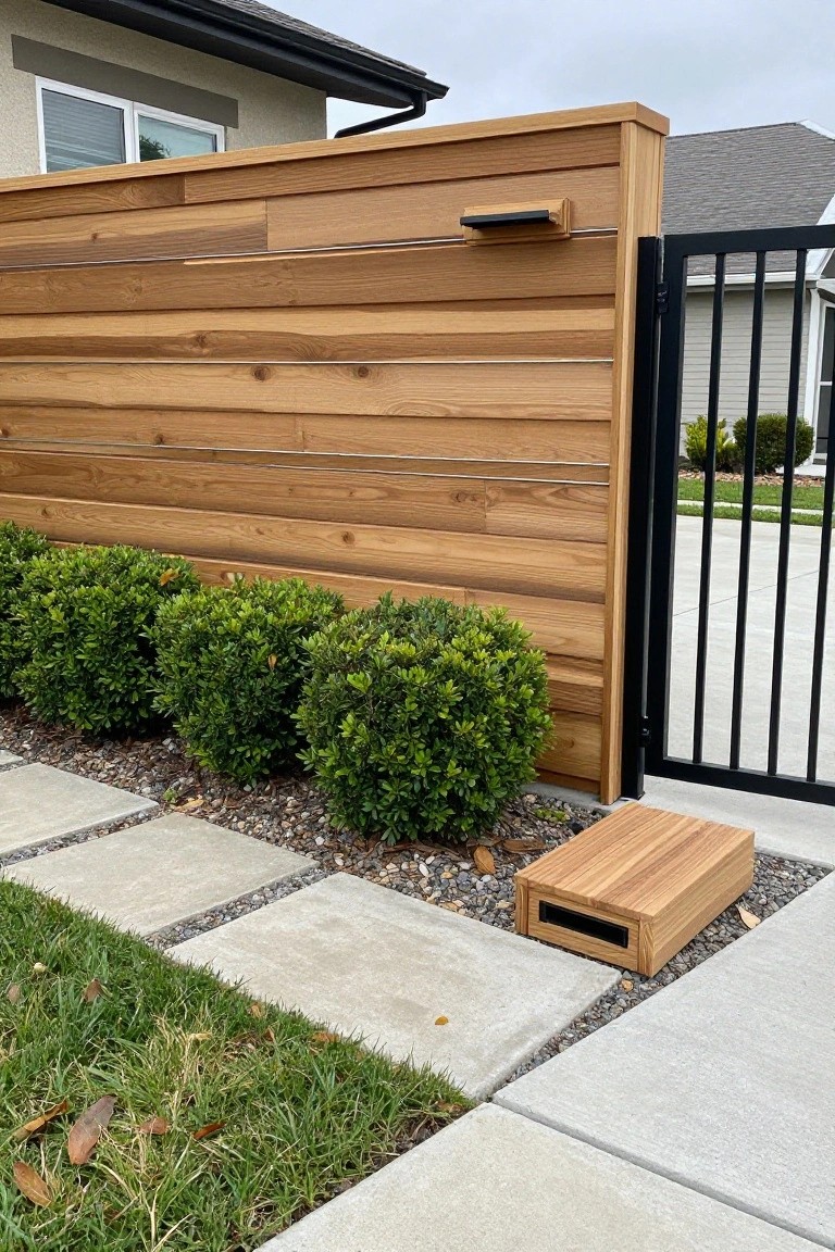 A horizontal wood fence next to green shrubs, concrete pavers, gravel, and a black metal gate.