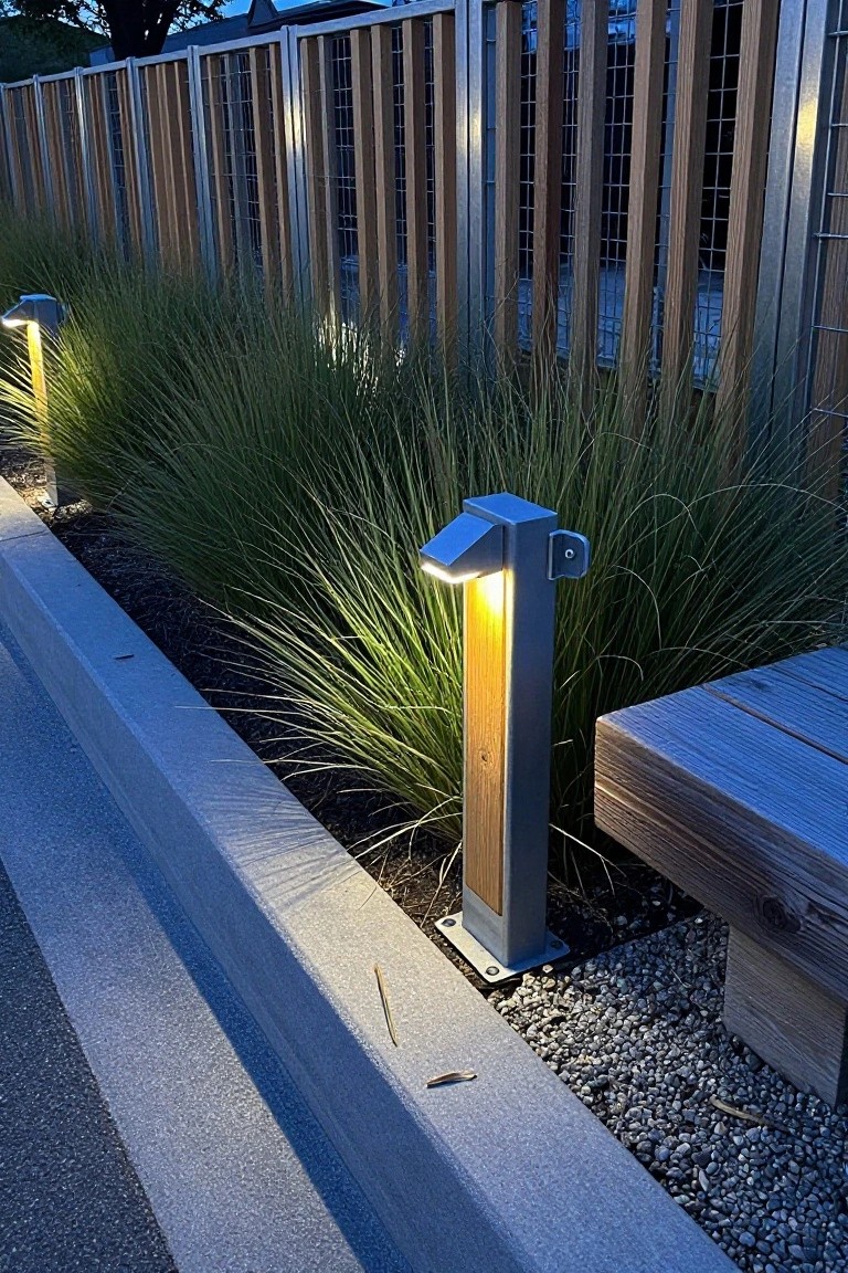 Glowing modern metal-wood pathway light amid tall grasses by fence and bench.