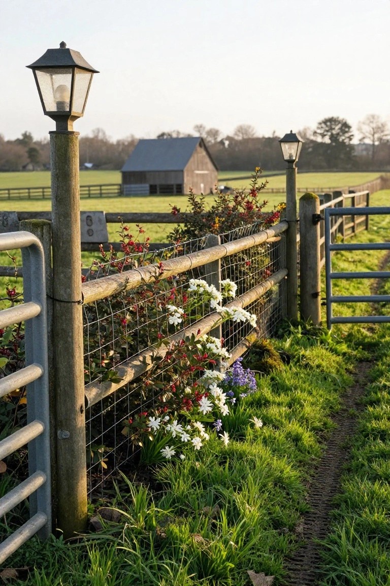 A wooden post and rail fence with wire mesh runs beside a grassy path, with red, white, and purple flowers planted along its base, two lampposts, and a barn visible in the background.