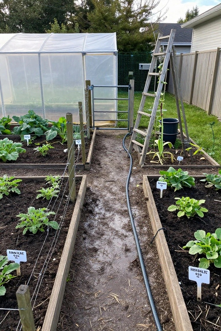 A backyard vegetable garden with multiple raised wooden beds edged in wire fencing, plant labels visible, a dirt path between beds, and a greenhouse in the background.