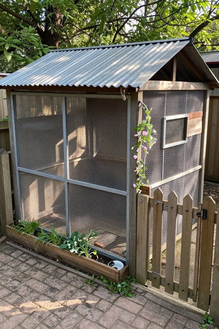 A wooden frame enclosure covered in wire mesh with a picket gate, flowers along the bottom edge, and a brick path in front.