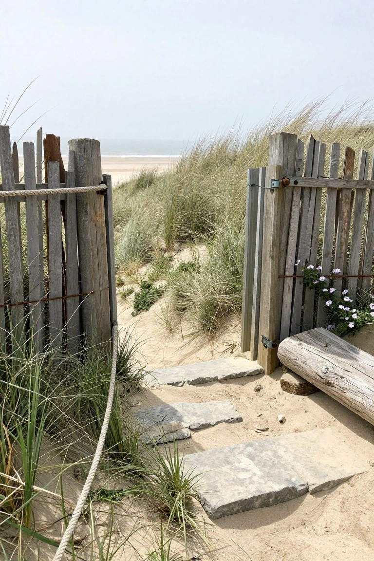 A weathered wooden fence with wire and rope stands next to stone steps on a sandy path through grassy dunes leading to the ocean.