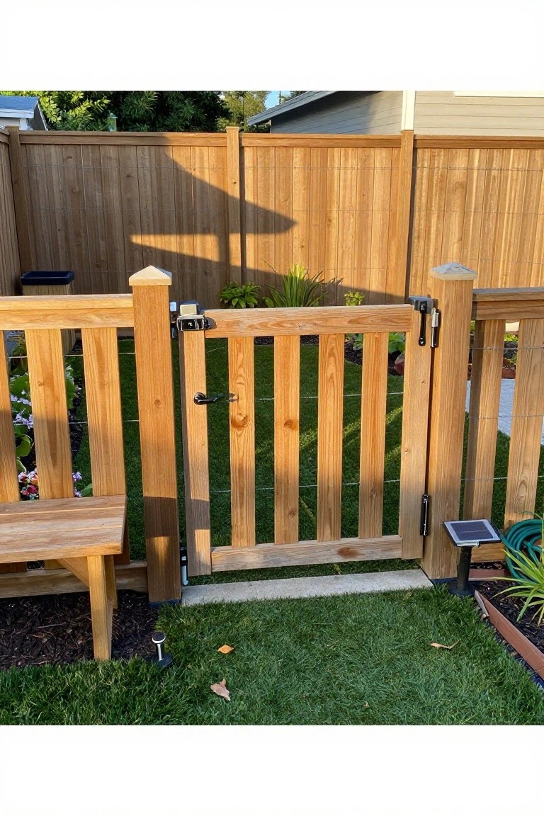 A wooden fence with vertical slats on the gate and wire mesh between posts, set on a lawn with garden beds visible beyond.