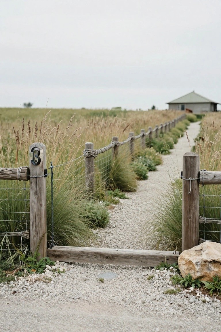 A wooden and wire fence with a gate marked by the number 3 opens onto a gravel path running through tall grasses toward a distant building.