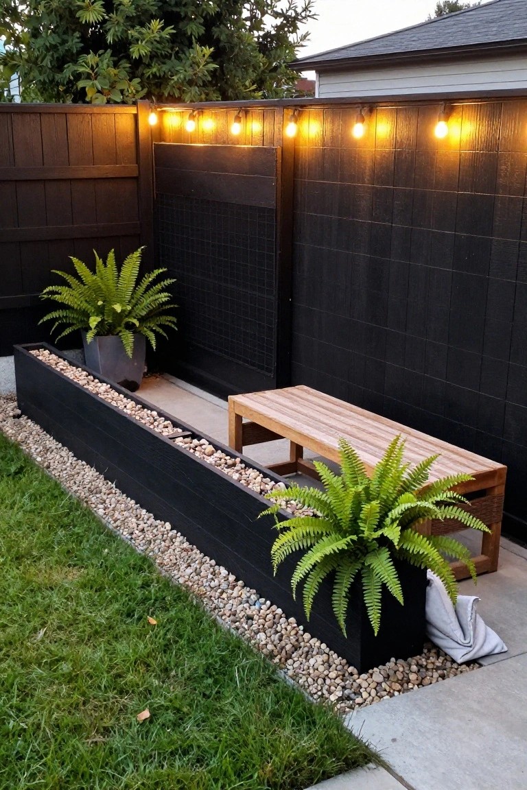 Outdoor seating area with black planters containing ferns, wooden bench, and string lights.
