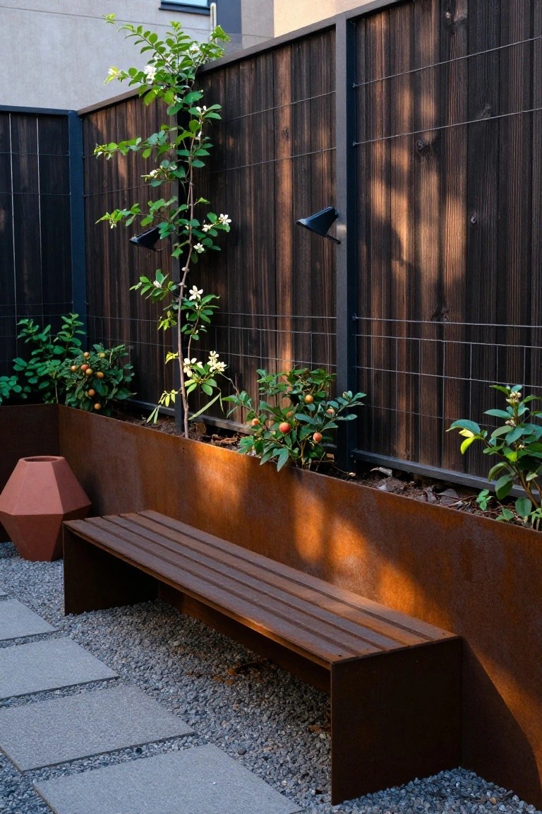 A wooden bench in front of a long rusted metal raised bed filled with shrubs and a small tree, set against a dark wood fence with wire grid panels on a gravel and paver surface.