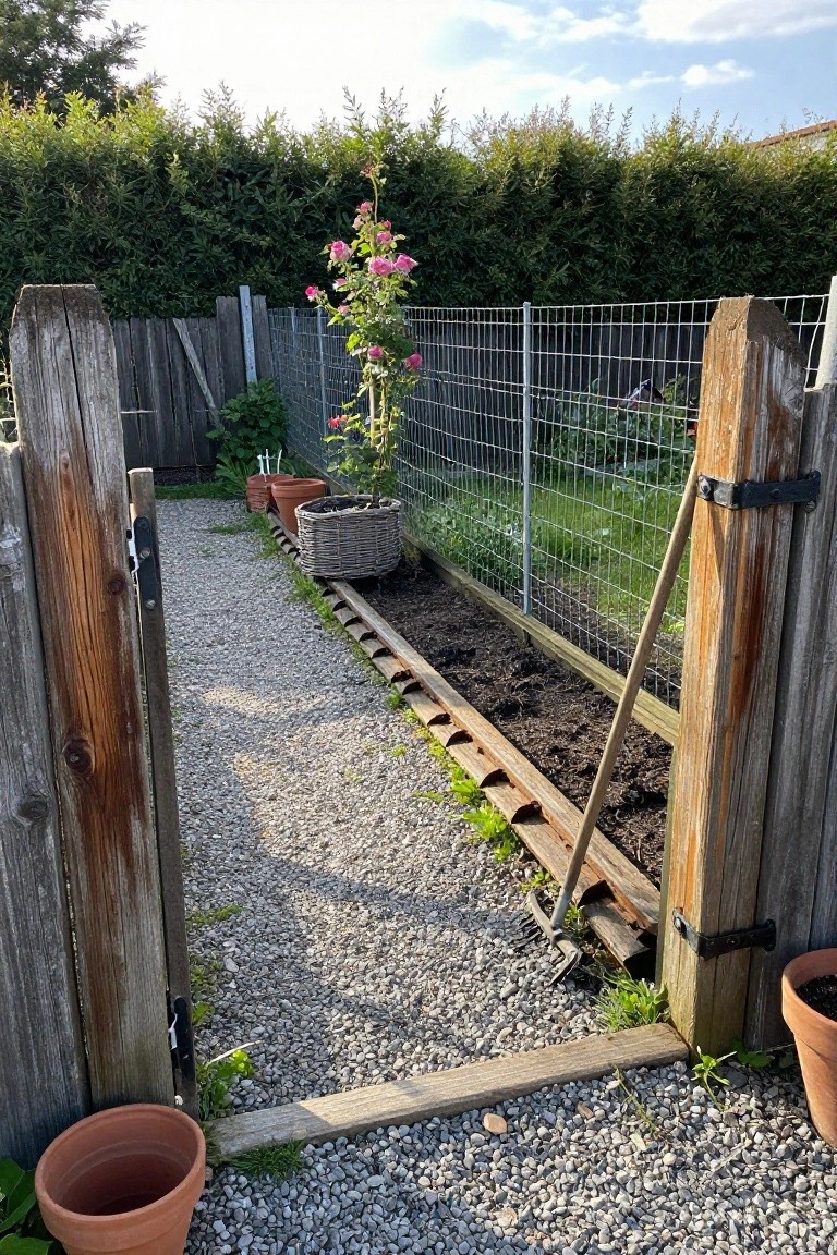 Open wooden gate over gravel path beside pink rose bush and garden rake